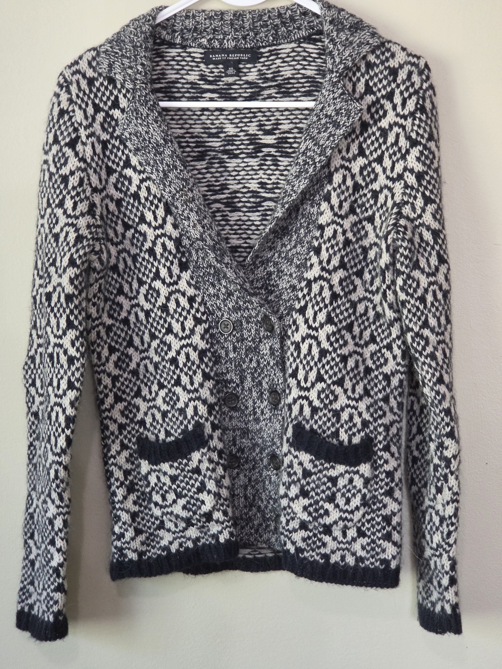 Banana Republic Intarsia Peacoat Cardigan XS Alpaca Wool Italian Yarn
